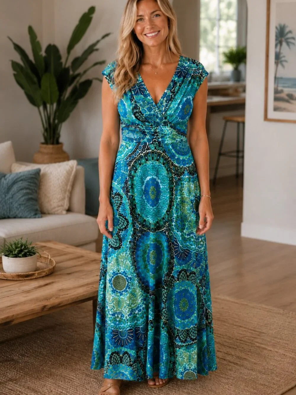 Liz Claiborne A-Line Maxi Dress Size 10 V-Neck High Waist Brown Blue Green